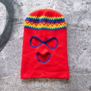 Vintage 70s 80s Knit Balaclava Ski Mask Red Rainbow Fair Isle Pattern